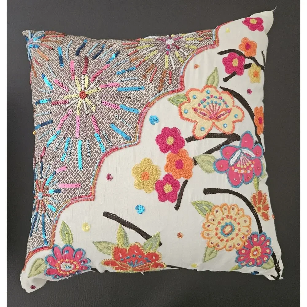 Vintage Pier 1 Pair Embroidered Floral Sequined Accent Throw Pillows 14x15